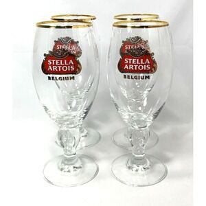Stella Artois Beer Glass Chalice -SET of 4-Clear Belgium Gold Rim 600 Years...